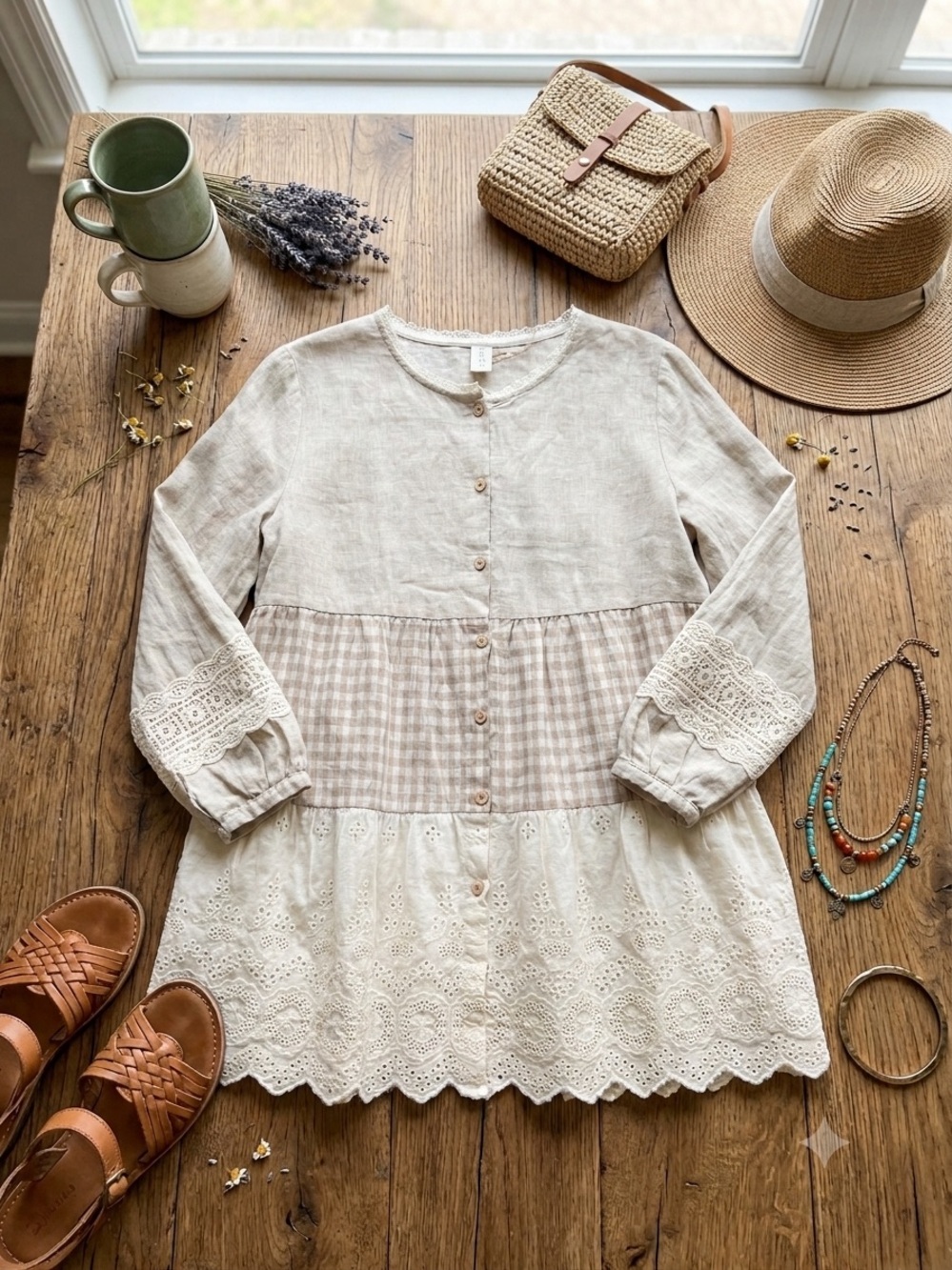 Linen Tiered Button-Front Tunic Top in Neutral Cream & Tan